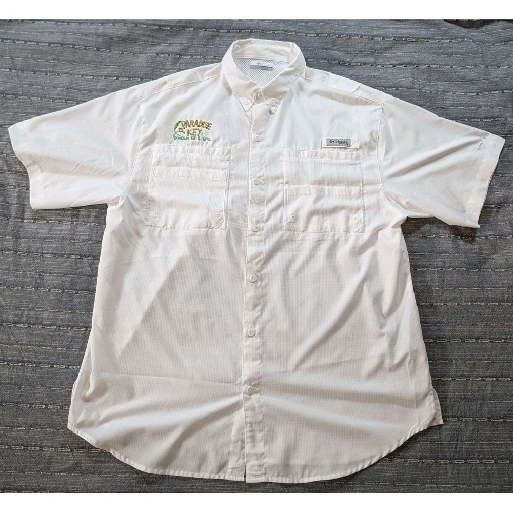 Columbia PFG S/S Shirt Mens LG White Bahama II Fishing Paradise Key Grill‎ Texas